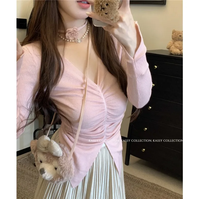 

Vintage V-neck Pleated Solid Color Casual Long Sleeve Sweater Women 2024 Summer New Korean Sexy Slim Irregular Knitted Crop Tops