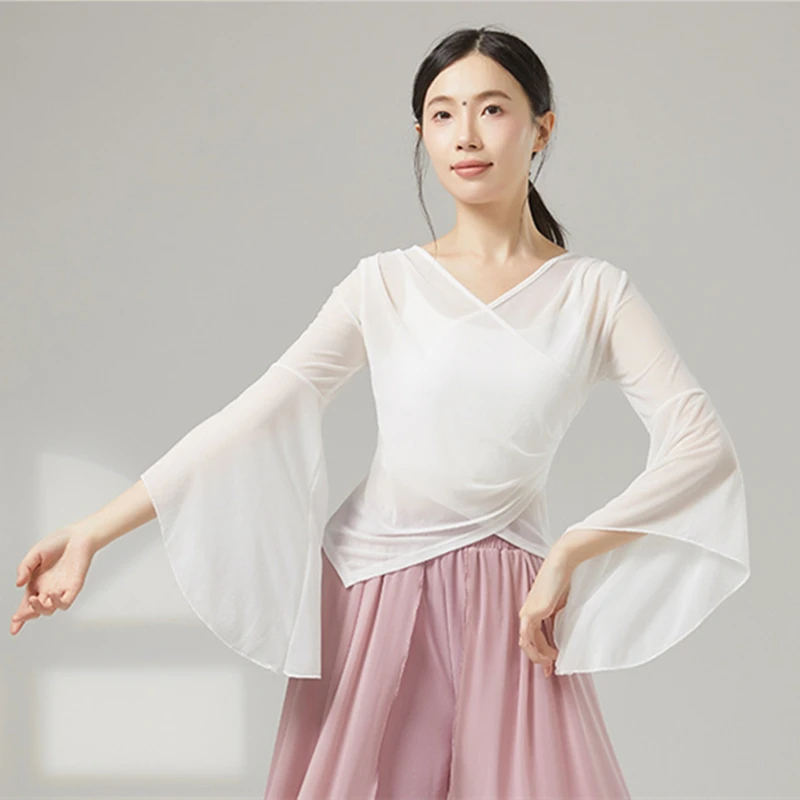Klassischer Tanz Mesh Top Damen Hemd mit ausgestellten Ärmeln Training Performance Wettbewerb Kostüm Flowy Chinese Folk Dancewear Hanfu