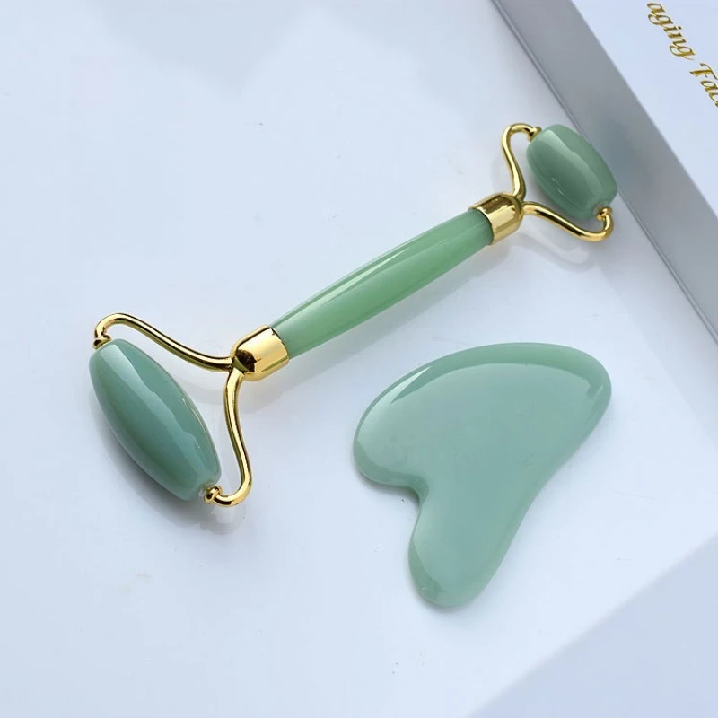 1/2 stücke Doppel Kopf Schaber Gesichts Massager Natürliche Jade Herzförmige Tragbare Gesicht Massage Gua Sha Bord Pflege SPA detox Werkzeug