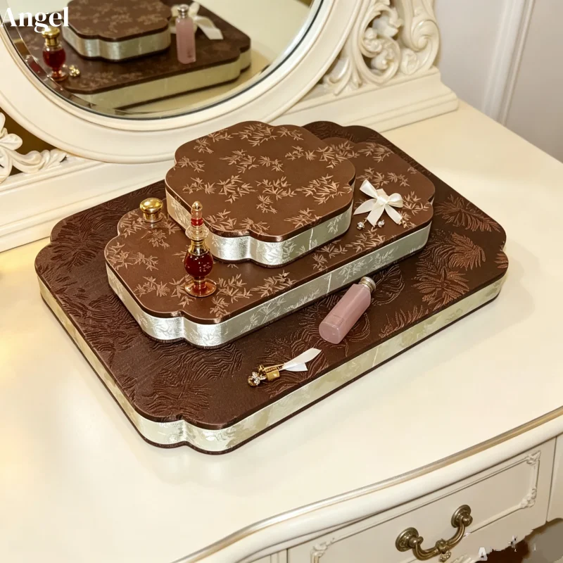 Palace Brocade Wood Jewelry Tray 3-Piece Set, Floral Corner Viewing Dish for Hand String Pendant & Beads, Eid Mubarak Prop