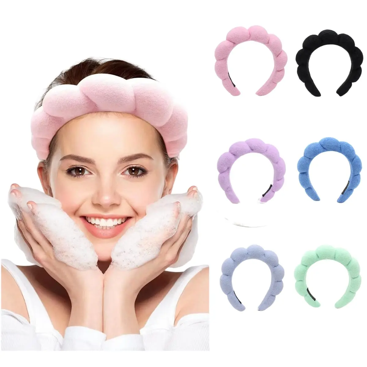 Spa Headband Hair Band for Women-Puffy Sponge Pink Headbands for Washing Face Hair Headband for Skincare, Makeup Removal, Shower