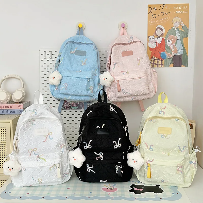 

New Bowknot Student Backpack for High School Girls – Minimalist, Versatile, and Spacious Shoulder Bag