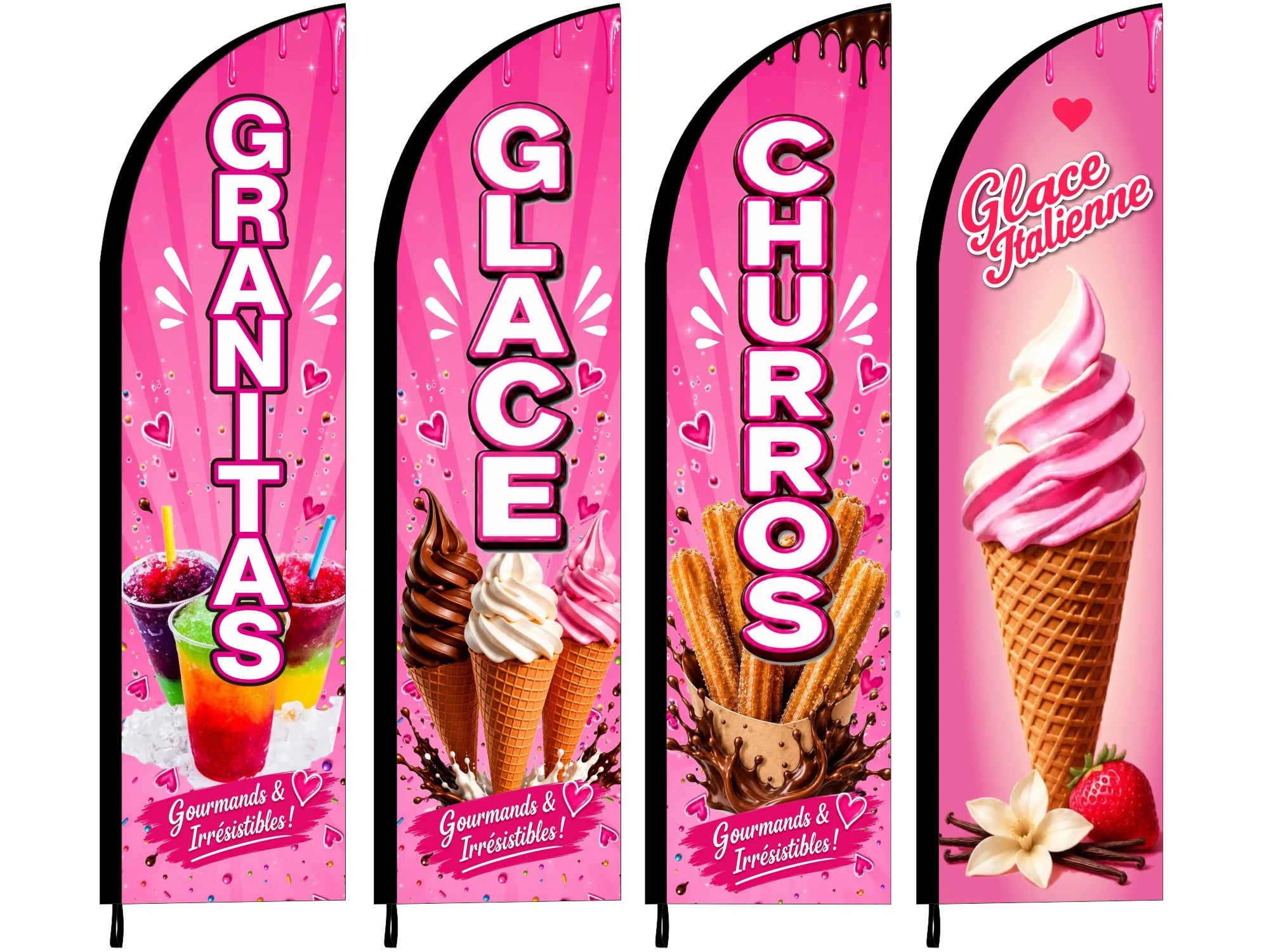 Drapeau de plage en tissu (sans mât), Churros, Granita, Glace Italienne, Snack, Enseigne de magasin, Impression personnalisée