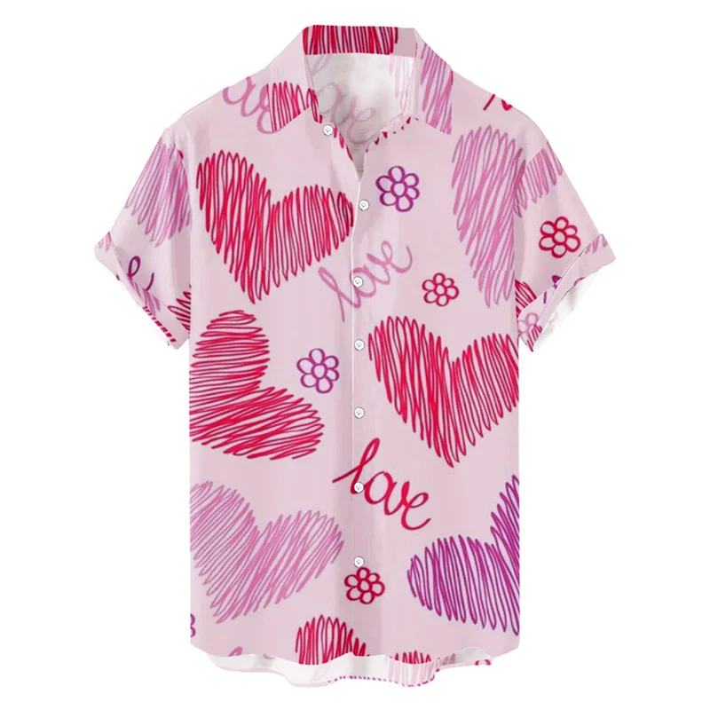 Fashion Hawaiian Shirt For Men Casual Valentine Day 3d Print Love Heart Short-sleeve Summer Beach Button Blouses Tops Clothes