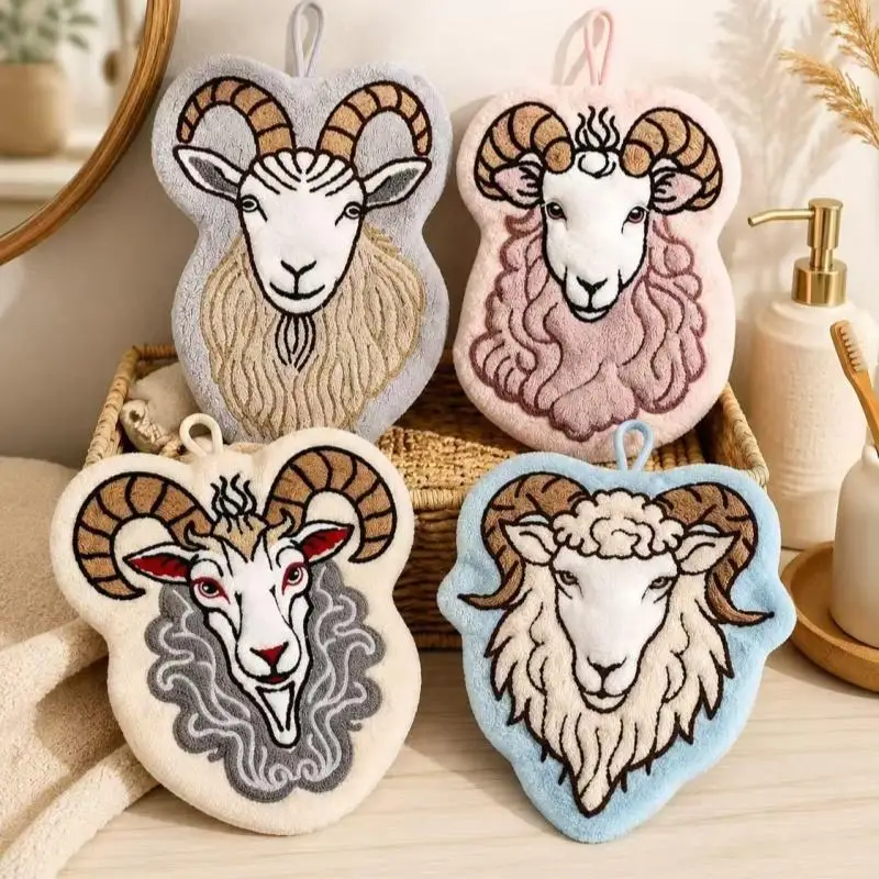 Goat Shaped Hanging Hand Towel 3D Embroidered Machine Washable Soft Towel for Kitchen Bathroom Home Cleaning