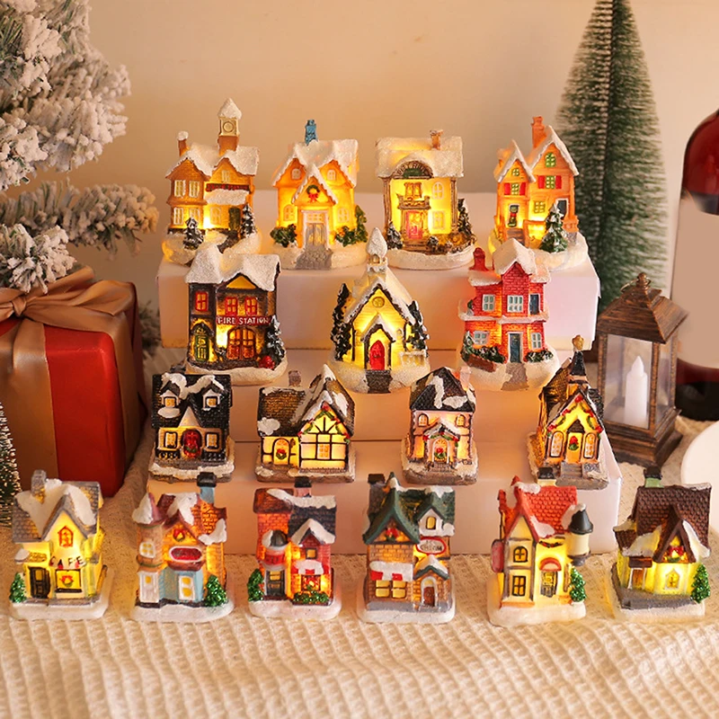 Mini LED Christmas Village Houses Building Xmas Winter Village Town Buildings Collection Home Indoor Room Decoration Xmas Gifts
