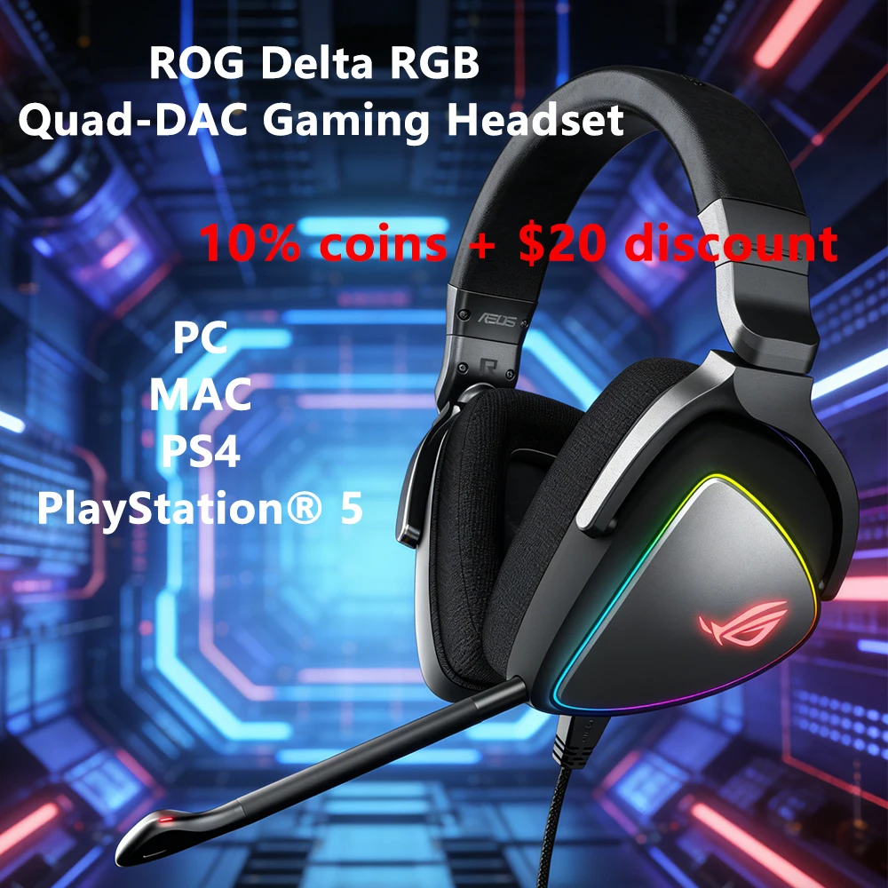 

Headphones ASUS ROG Delta RGB Quad DAC Gaming Headset Over Ear Stereo Hi Res 130dB USB C Wired for PC PS5 PS4 Mac
