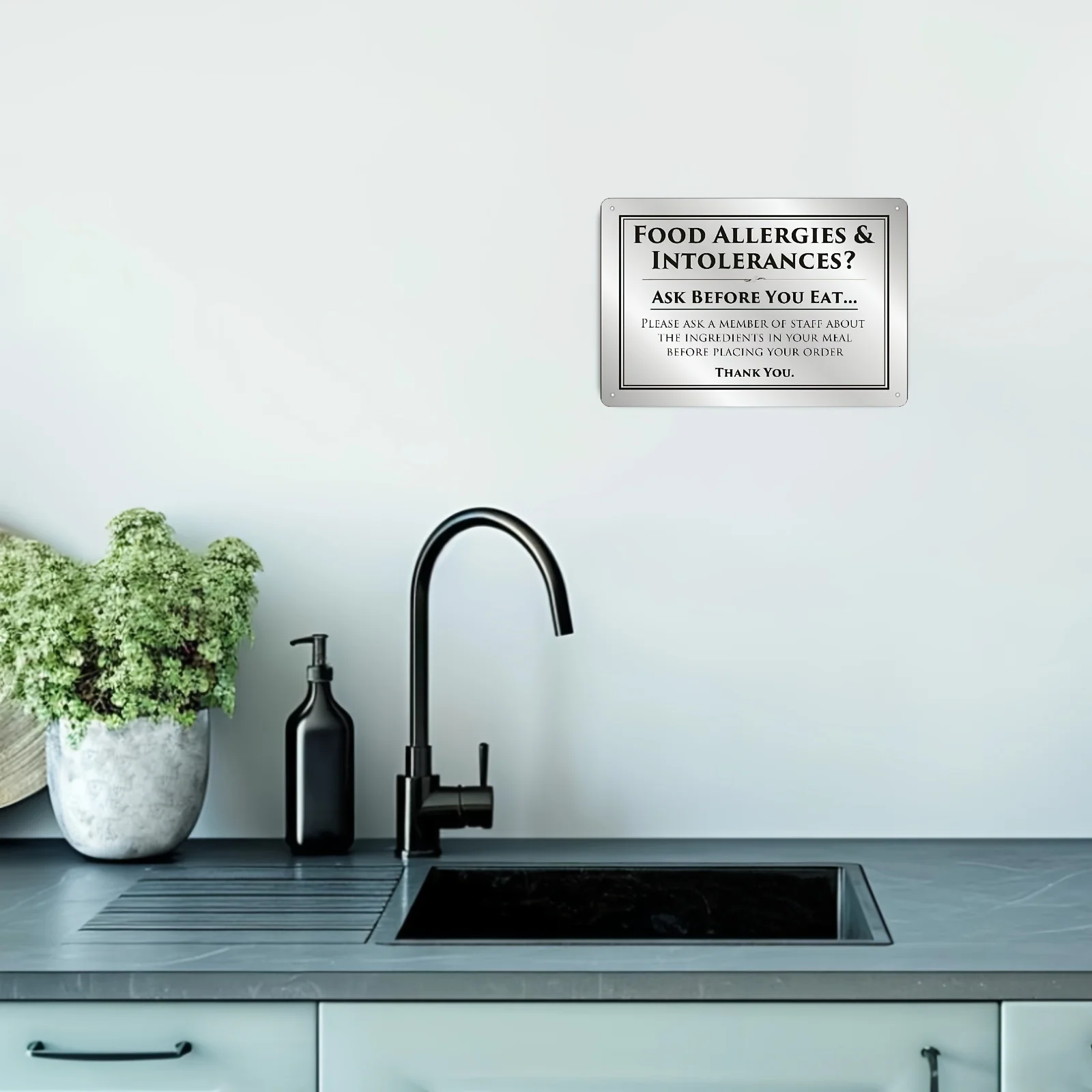 2D Flat, 1pc Tin Sign Food Allergy and Intolerances Safety Sign Notice Allergen Brushed Silvery Metal Plaque Wall Decoration 2D