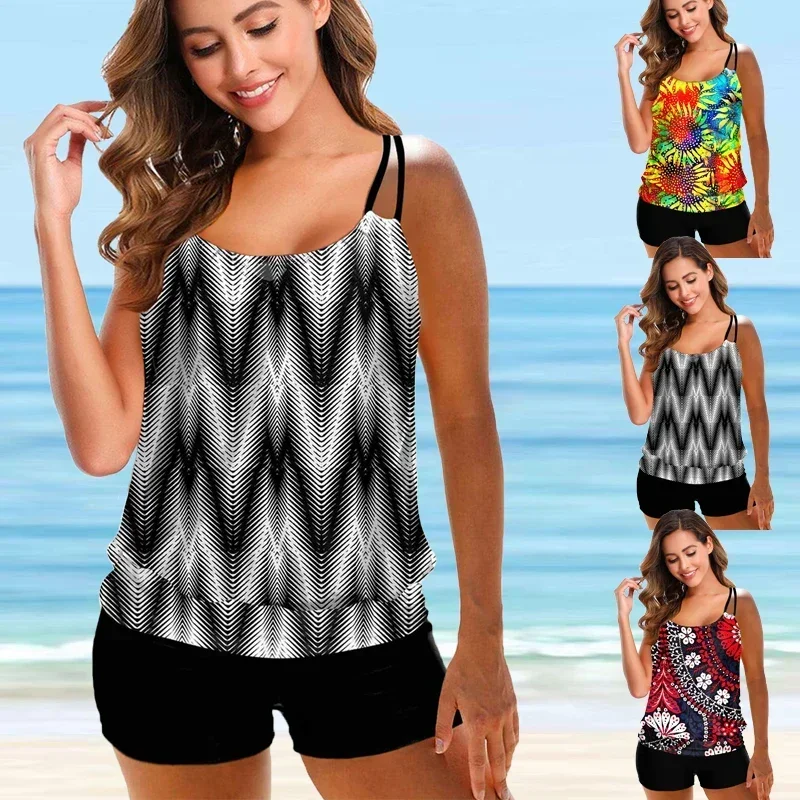 Women's Fashion Beachwear Black and White Wave Print Tankini Swimsuit Two Piece Bikini Suit Beach Swimwear S-6XL