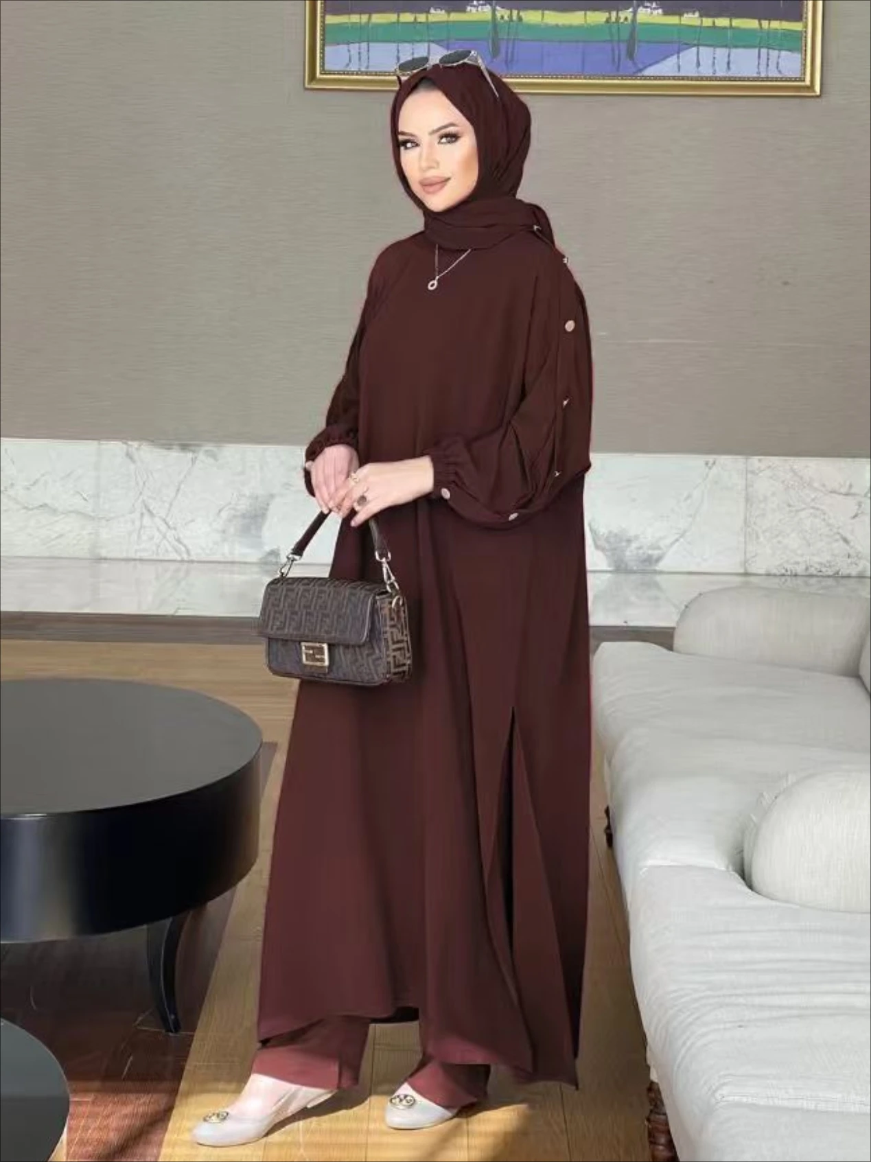 Robe musulmane pour femme, ensemble 2 pièces, chemisier, manches longues, chemise Abaya, pantalon large, olympiques arabes, robes de Dubaï, ensembles musulmans