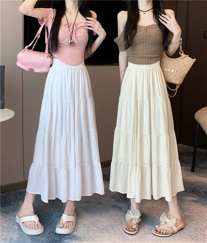 L - 4XL Plus Size Skirt For Women 2025 Summer New Arrival High Elastic Waist A Line Pleated Skirt Women Korean Fashion Skirt