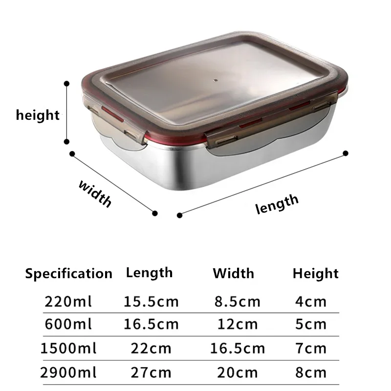 304 Stainless Steel Lunch Bento Box,Fruit Vegetable Storage Container Box Stackable Big Capacity Fridge Sealed Fresh-keeping Box
