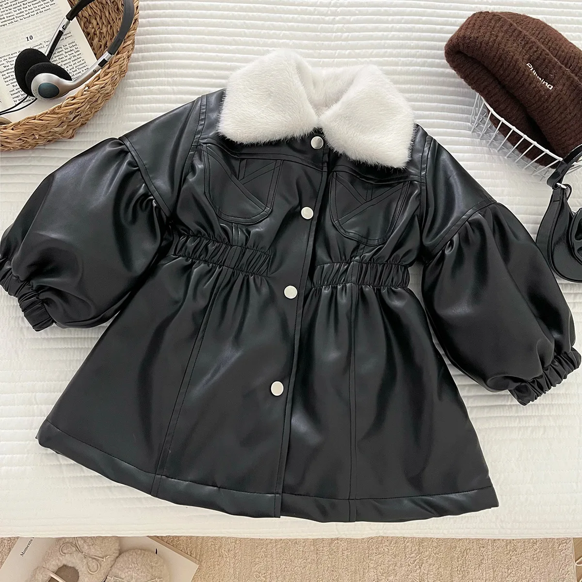 25 Fashion Cool Girls PU Coats Baby 2-10Y Fake Fur Collar Winter Warm Belt Long OverCoats Kids Children Clothes Thick Jackets