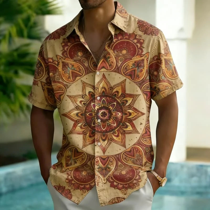 Men's Stylish Psychedelic Pattern Shirt, Bold Colorful Short Sleeve Button Up for Holiday Travel and Daily Casual