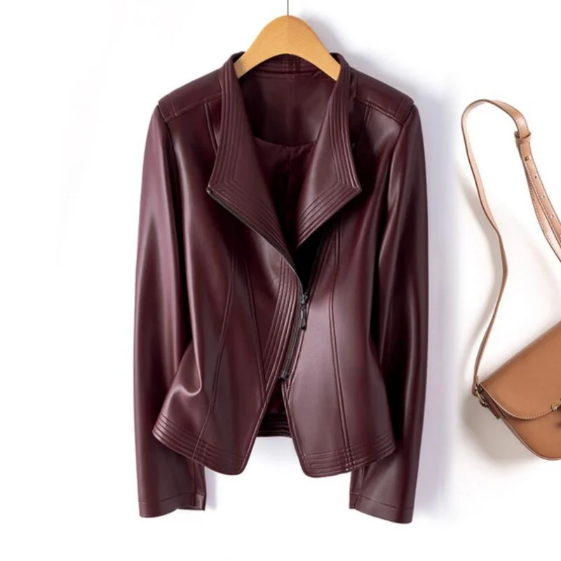 2025 بولي Leather جلد المرأة قصيرة ضئيلة جلدية ربيع الخريف سترة جلدية جديدة طويلة الأكمام دعوى طوق سستة معطف صغير #5