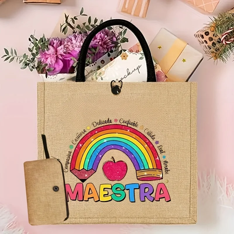 Teacher Pencil Print Linen Tote Bags Large Capacity Teacher Gift Burlap Bag, School Season Reusable Shopping Bags
