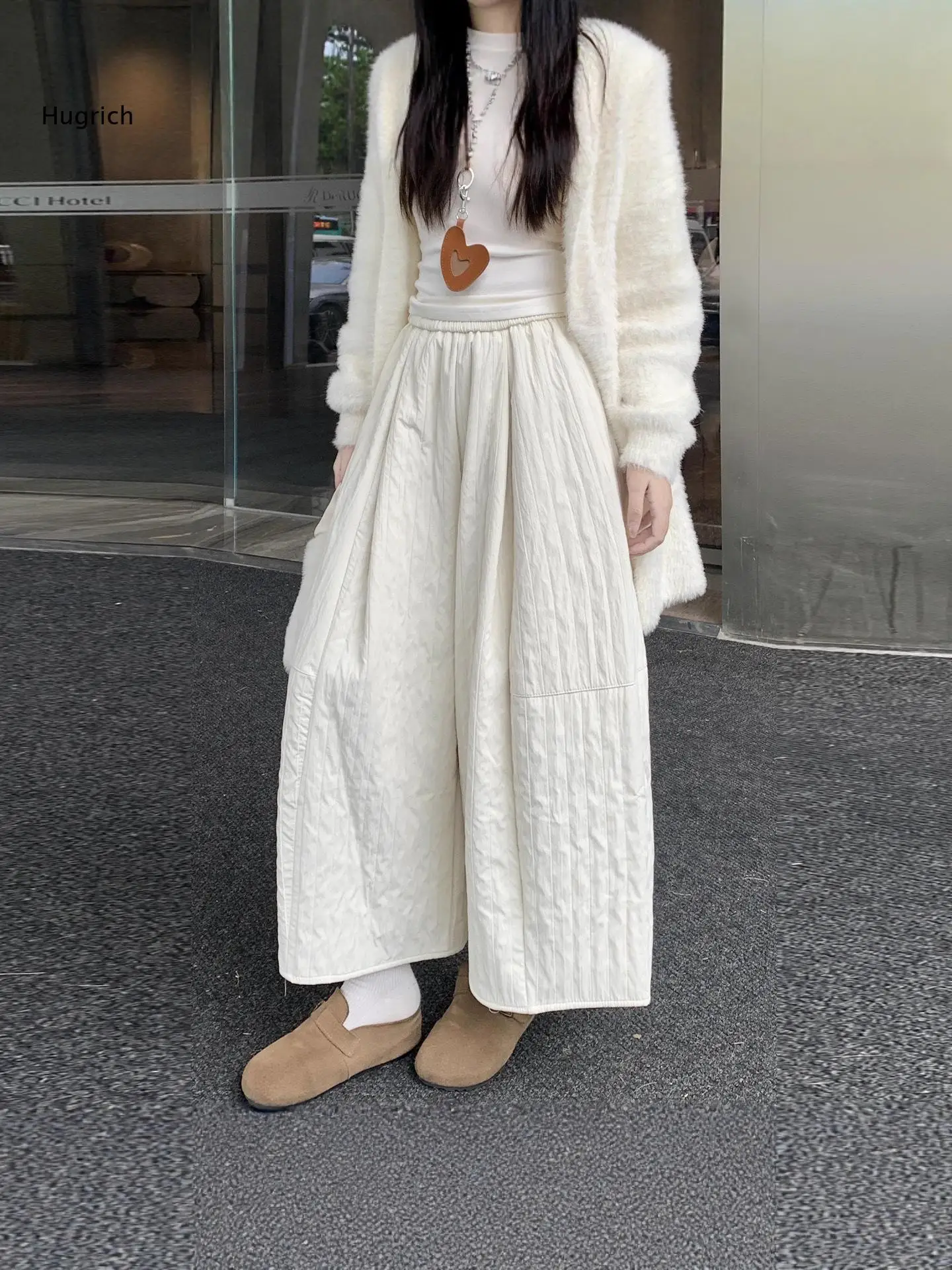Women's High Waist Quilted Wide Leg Pants Fleece Lined Loose Fit Casual Trousers Fall Winter Warm Long Pants