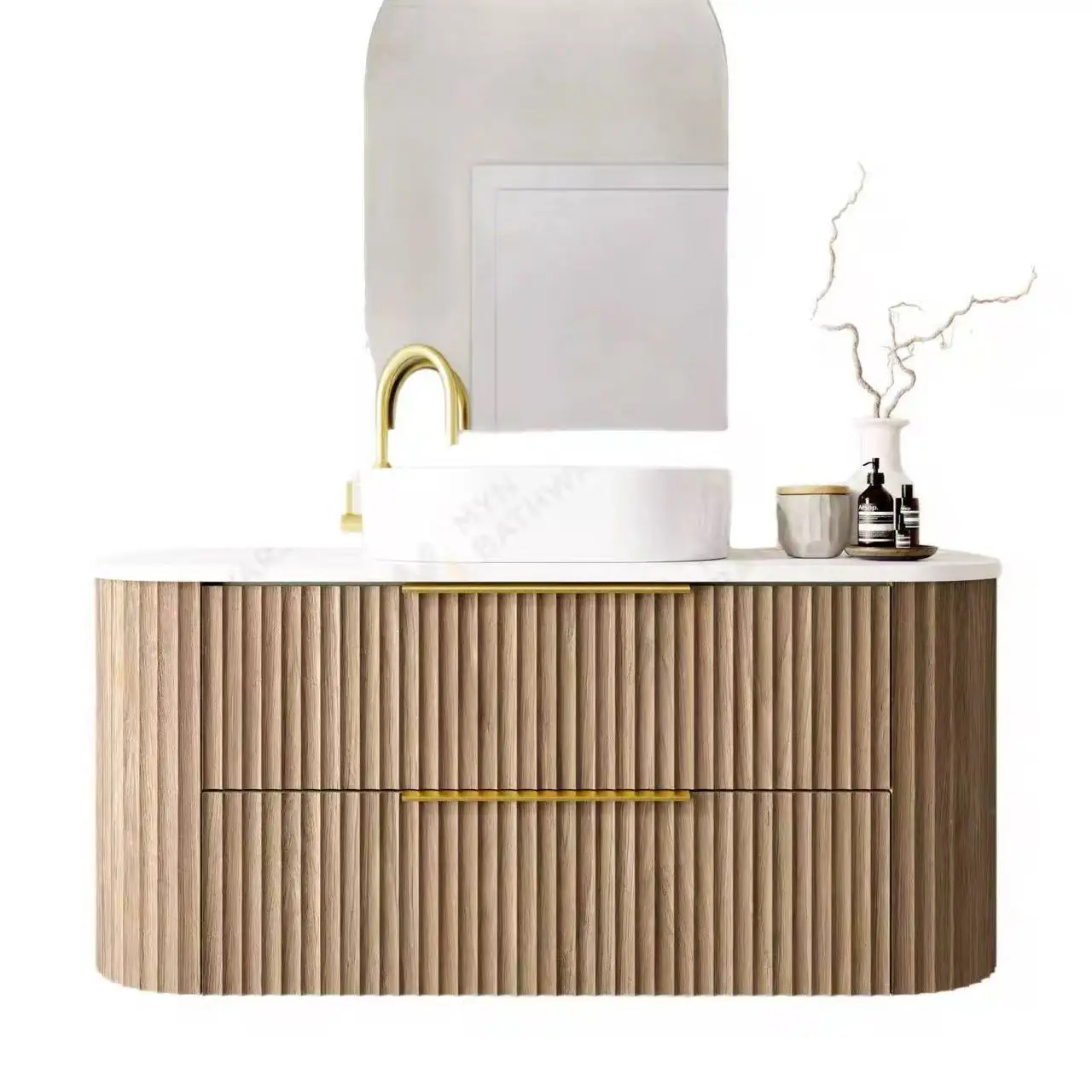Wood Painted Bathroom Cabinet with Recessed Front Container Sink and Oval Smart Light Emitting Diode Mirror