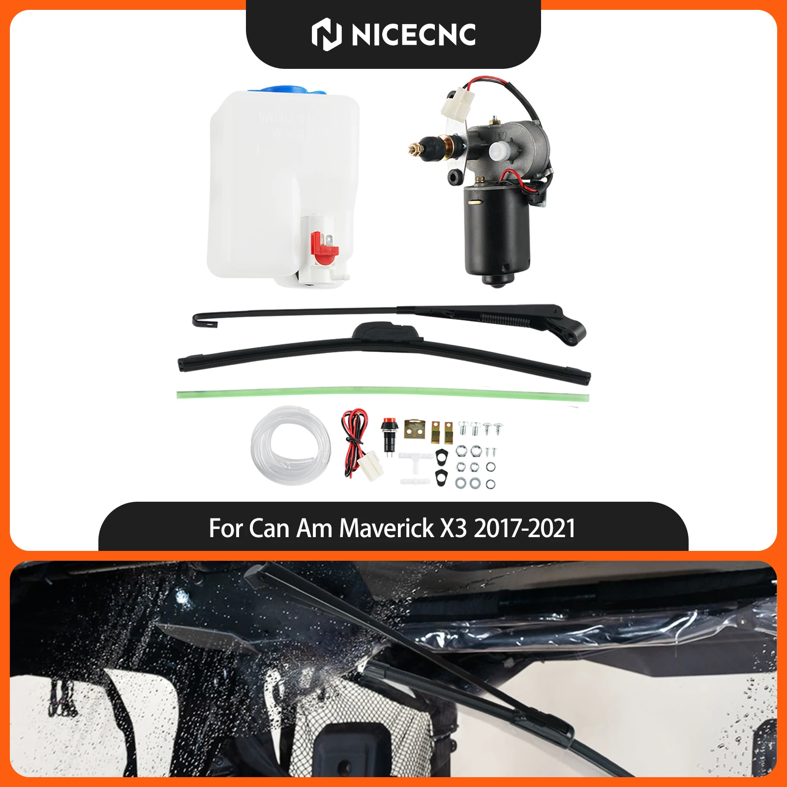NICECNC For Can-Am Maverick X3 R Max 4x4 Turbo DPS 2017-2024 Electric Windshield Wiper + Windshield Washer Bottle Reservoir Tank