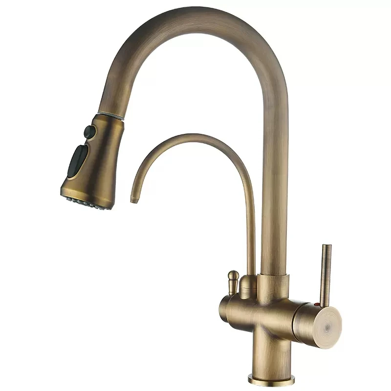 Bronze antigo torneira da cozinha pull out purificador de água torneira da pia 360 girar quente e fria filtro de água potável misturador guindaste