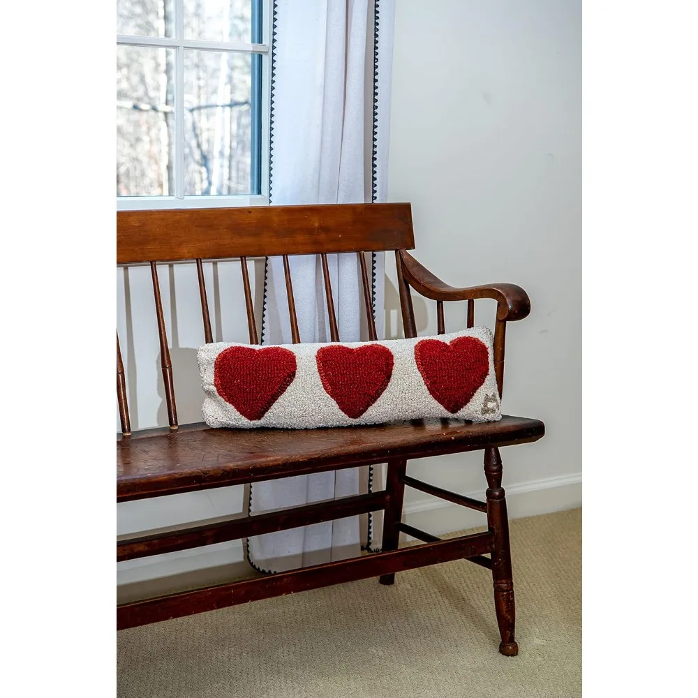 Three Hearts Hand-Hooked Wool Decorative Throw Pillow (8 in x 24 in) Valentine's Day Pillow for Couches & Beds