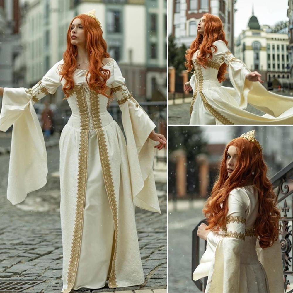 

Medieval Renaissance Celtic Wedding Dress Long Sleeve Vintage Fairy Elven Dress Women Elf Bridal Princess Prom Dress Ball Gown