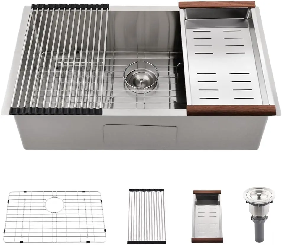 

27-дюймовая кухонная мойка под креплением из нержавеющей стали, одинарная чаша с глубиной 18 калибра и дуршлаг