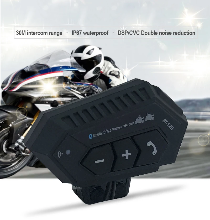 Motorcycle Intercom Headset BT-12B Music Wireless Waterproof Takeaway Rider Headphone for Safe