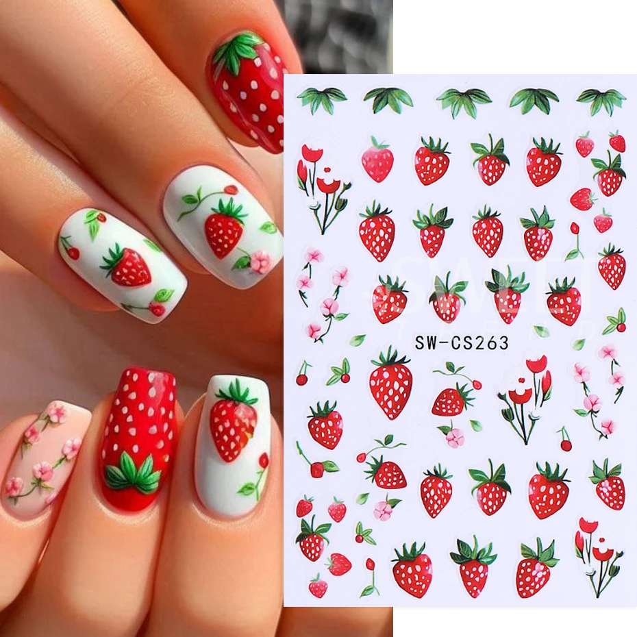 3 szt. Owoców cytryny naklejki na paznokcie 3D śliczne truskawki jagody płatki naklejki na paznokcie DIY samoprzylepny suwak letni Manicure dekoracje