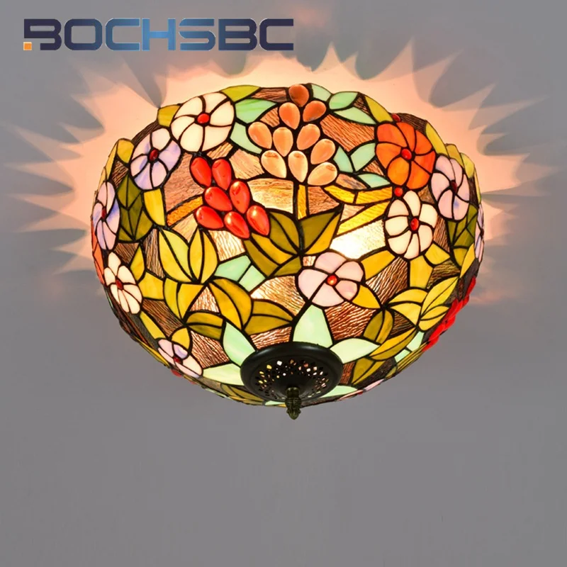 BOCHSBC Tiffany American style grape stained glass 16 inch chandelier deco dining room bedroom hallway bathroom ceiling light