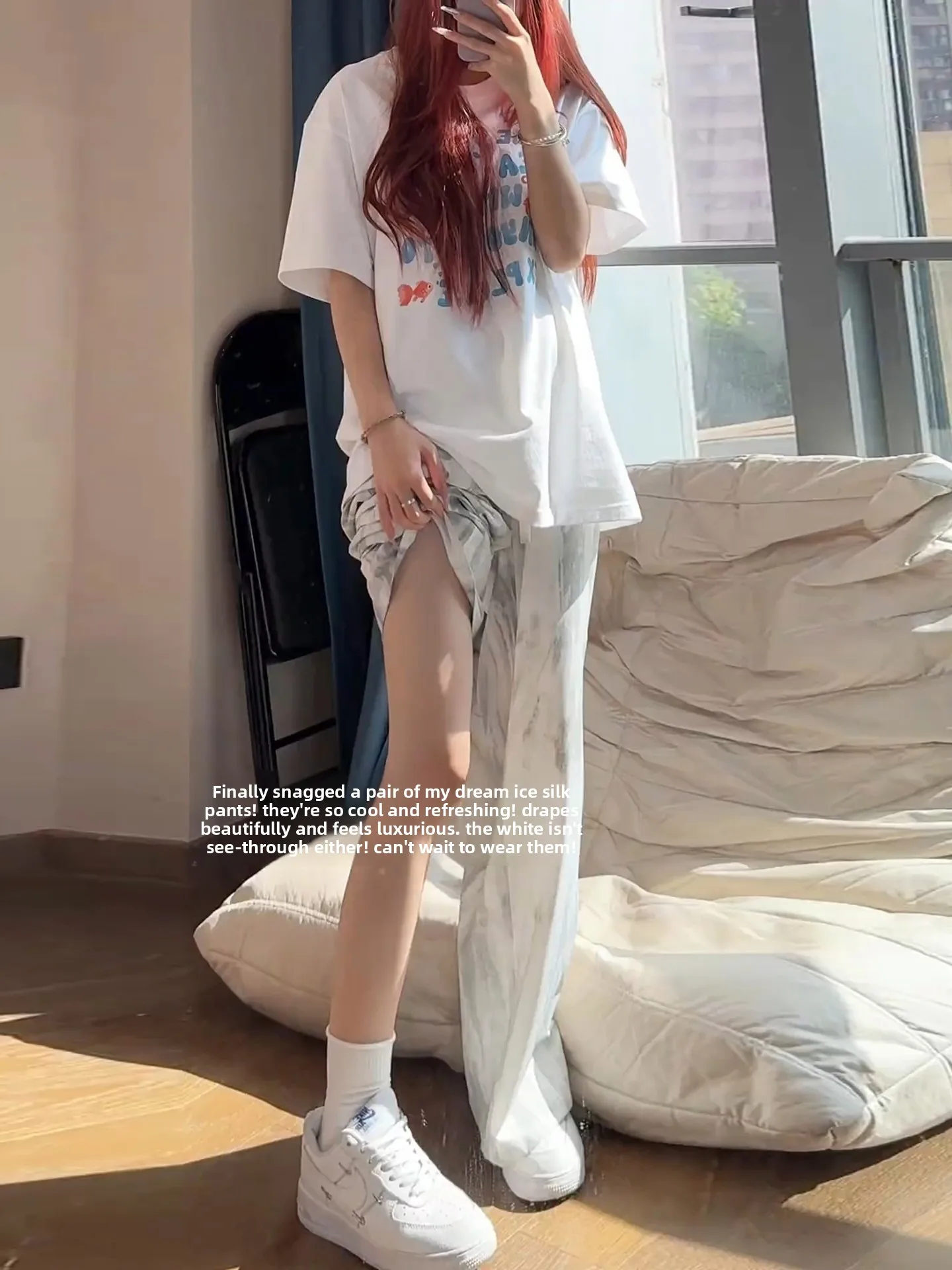 

Американские окрашенные ледяные шелковые брюки Qui Dry для мужчин и женщин, летние тонкие свободные широкие брюки, драпированные повседневные прямые длинные брюки