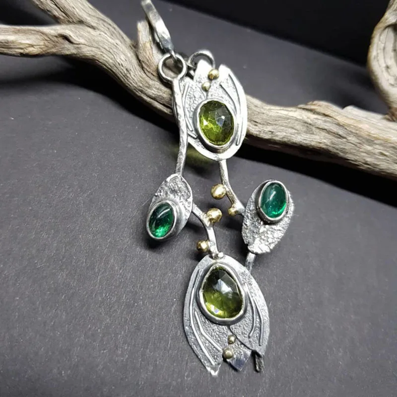 2022 Newest Green Stone Statement Dangle Earrings for Women Vintage Jewelry Bud Flower Leaf Metal Silver Color Teal Drop Earring