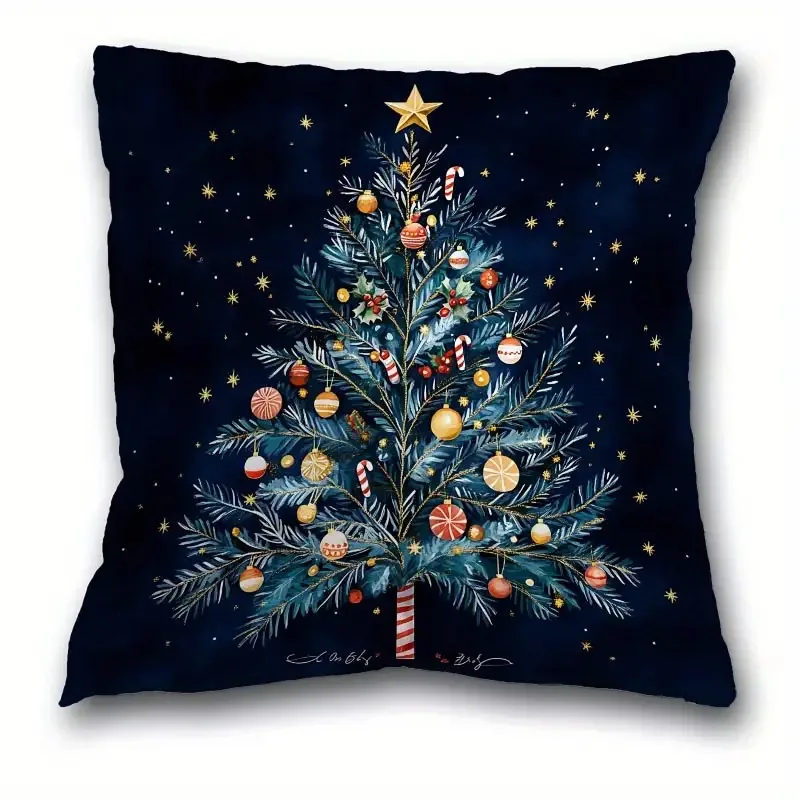 Festive Christmas Tree Pillowcase Cushion Cover Holiday Decor Starry Night Xmas Throw Pillow Gift Idea Blue Pattern 40x40cm Seas