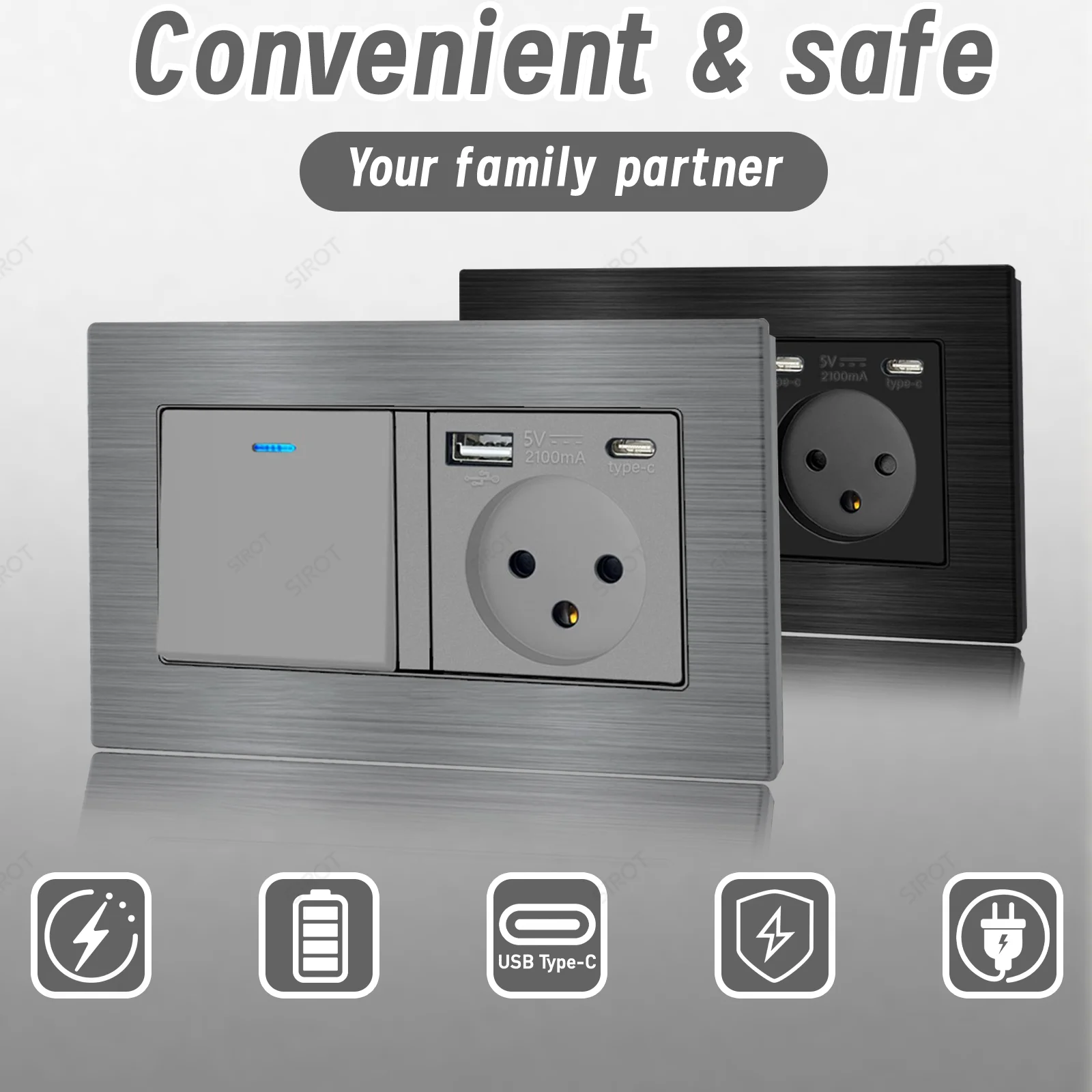 SIROT Israel Switch Socket with USB-C Charge,Black Grey Aluminum Brushed Panel,Double Frame Switch Outlet Wall Power Combination