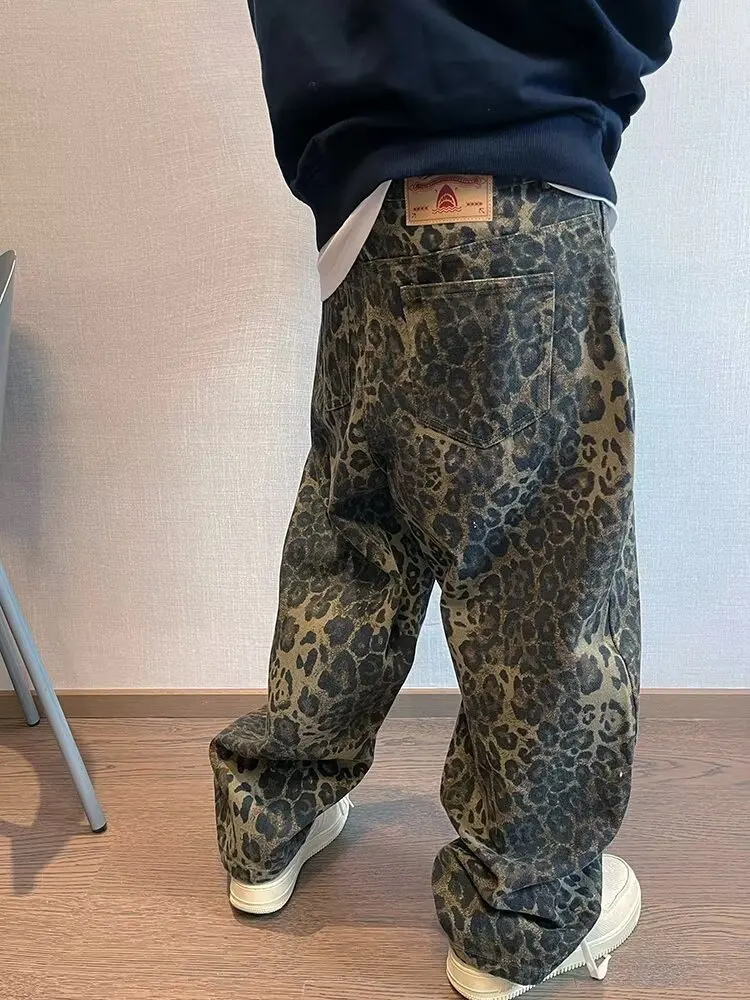 Autumn Tan Leopard Jeans Men Denim Pants Male Oversize Wide Leg Trousers Streetwear Hip Hop Vintage Loose Casual Animal Print