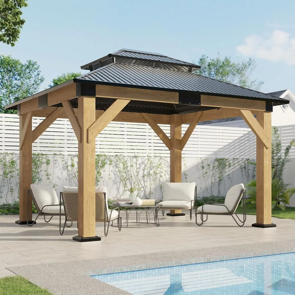 

10x12 Wood Gazebo, Hardtop Gazebo with Spruce Frame and Aluminum Double Roof, Outdoor Pergola for Parties, Backyard,