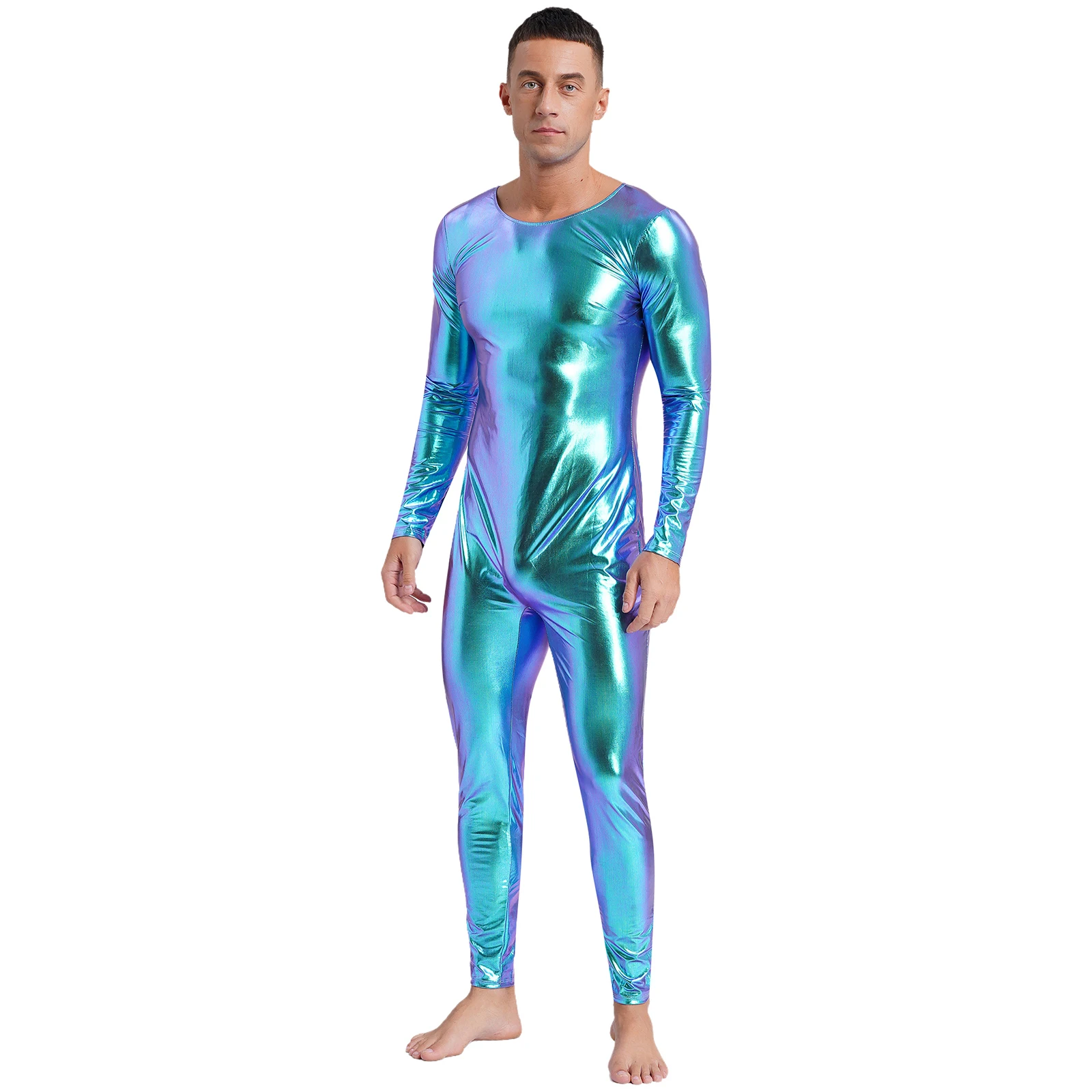 Masculino metálico brilhante unitard ballet dancewear em torno do pescoço manga longa fino ajuste corpo inteiro bodysuit macacão trajes de uma peça