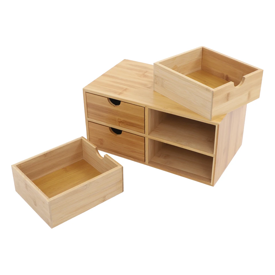 Organizador de escritorio de bambú ecológico, caja de almacenamiento de 4 niveles con acabado suave, unidad de cajones que ahorra espacio para papelería, cosméticos, documentos 6
