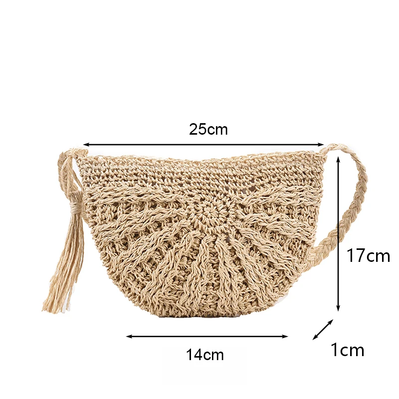 Mode Halbkreis Stroh Gewebt Schulter Umhängetasche Reise Kleine Handtasche Damen Sommer Handgemachte Rattan Quaste Design Strand Tasche – Detail 24