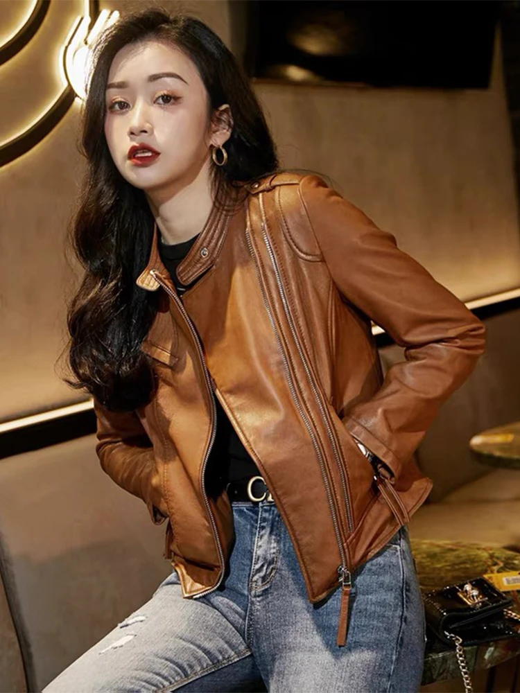 Spring Women's Khaki Black Real Sheepskin Leather Coat Slim Genuine Leather Jacket Coat