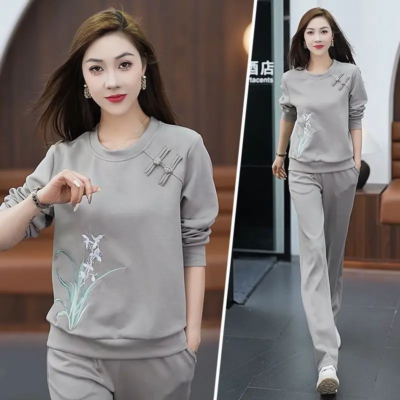 Sportswear Suit Womens Fashion Retro National Round Neck Sweater Temperament Long Sleeve Casual Two-piece Set Spring and Autumn