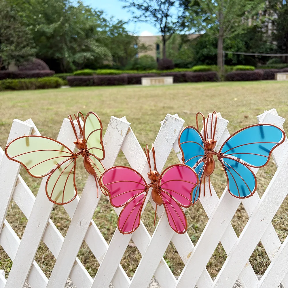 Wrought iron luminous butterfly flower pot hanging outdoor courtyard fence landscaping decoration metal acrylic luminous