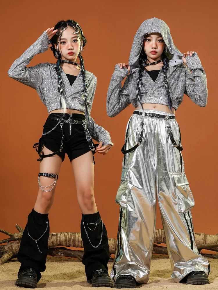 Kinder Hip Hop Street Kleidung Silber Pailletten Jacke Schwarz Reißverschluss Shorts Silber Hosen für Mädchen Streetwear Jazz Dance Kleidung