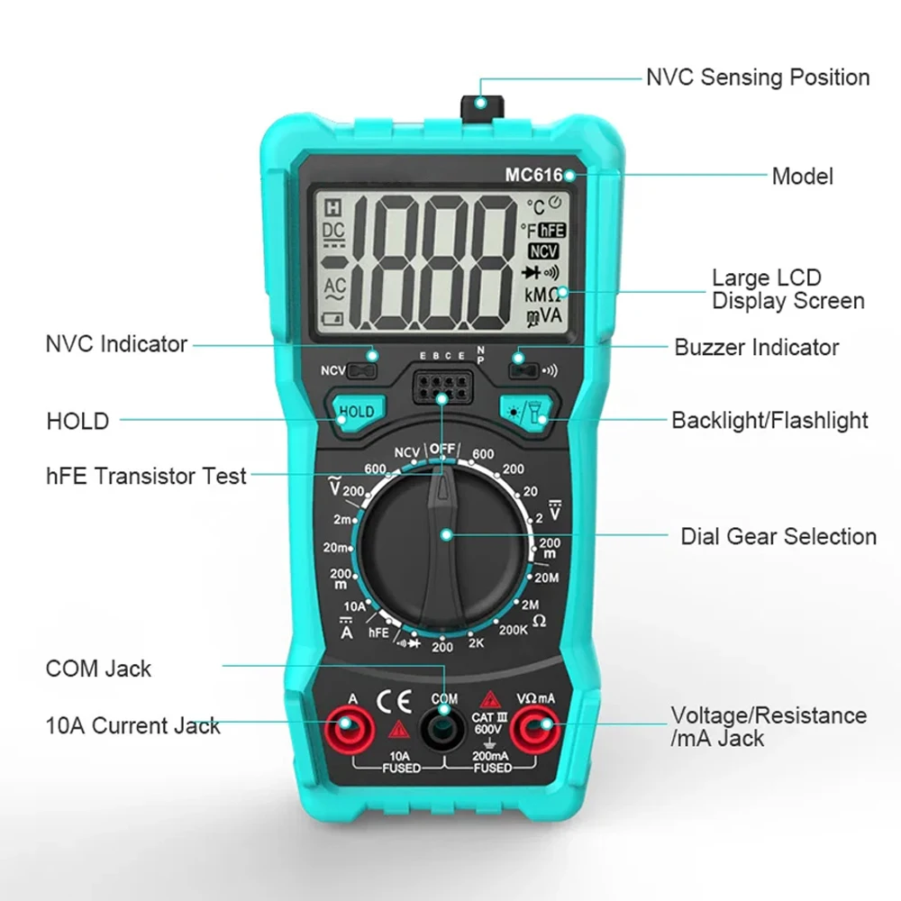 Digital Multimeter 9999 Counts Auto Ranging AC/DC Voltage Meter Resistance Capacitance Temperature Diode Tube Tester