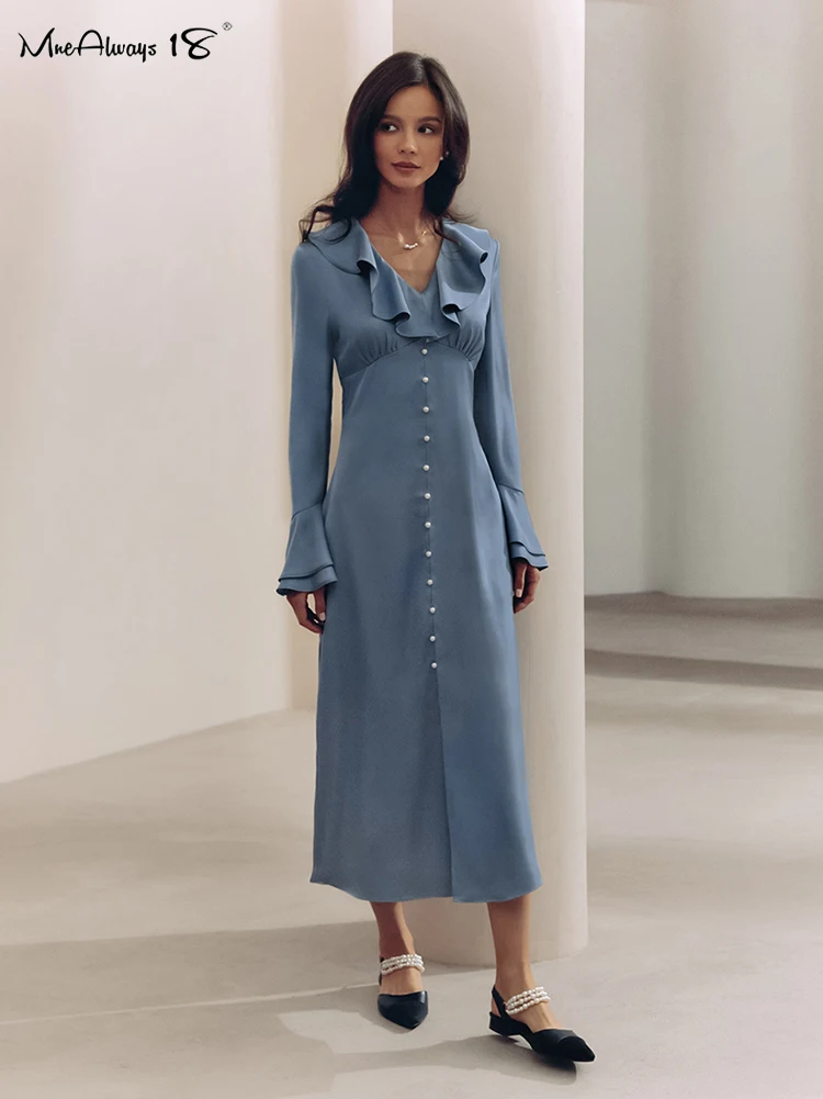 Mnealways18 Elegant Laminated Flounces Button Dresses Women Flare Sleeve Office Long Dress Autumn 2024 A-Line Solid Dress Split