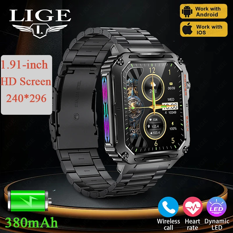 

LIGE Outdoor Smartwatch Men Bluetooth Call 1.91-inch Stunning Screen Blood Oxygen Heart Rate Monitor Smart Watch For Android IOS