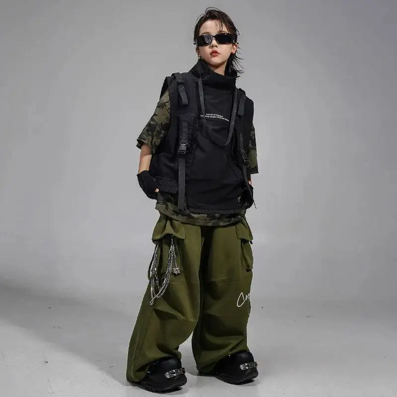 Boys Hip Hop High Collar Vest Camouflage T-shirt Cargo Pants Girls K-pop Clothes Set Child Jazz Costume Kids Military Streetwear