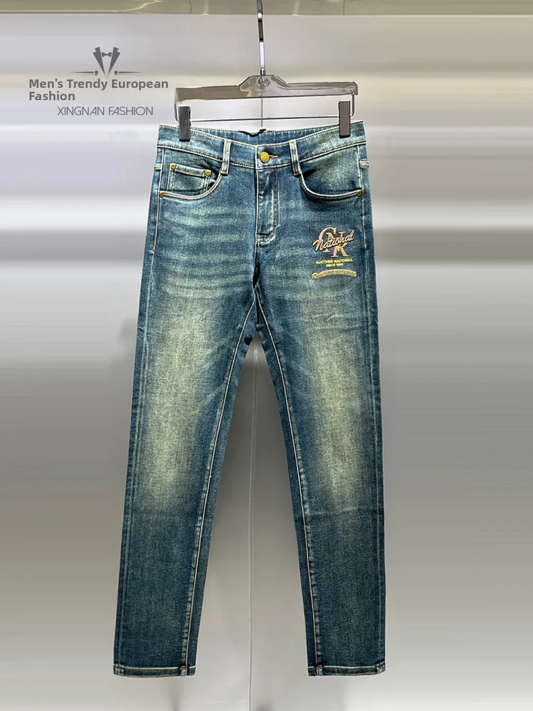 

Модные мужские джинсы с вышивкой, облегающие, в стиле ретро, из смесового хлопка и полиэстера, устойчивые к деформации, для повседневной носки