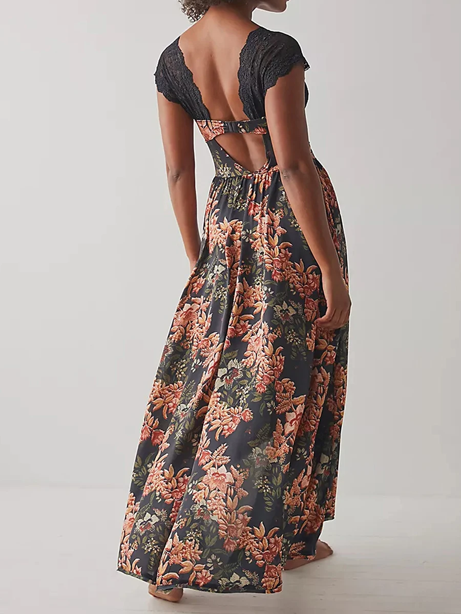 Robe Maxi Boho à Manches Cape pour Femme, Corset Dos aux, Imprimé Floral, Robe de Soirée pour Plage, Cocktail, Streetwear d'Été, Y2K