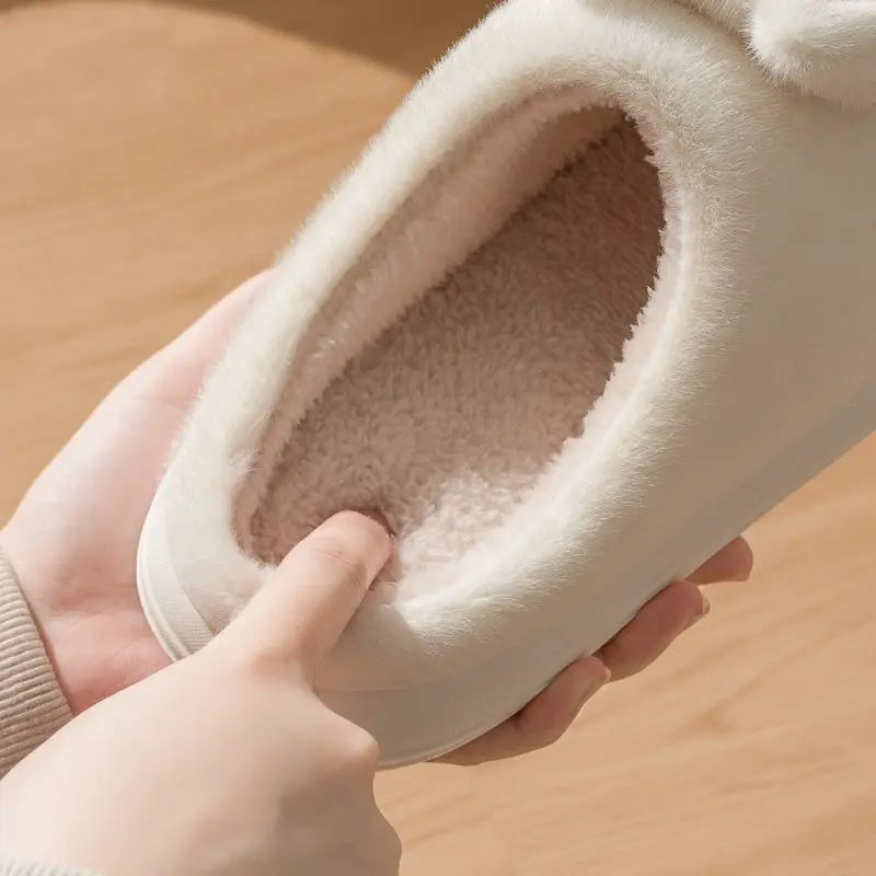 Black White Winter New Furry Cat Cotton Slippers for Women Indoor Home Non slip Thick Bottom Soft Bottom fuzzy Slipper Men44/45